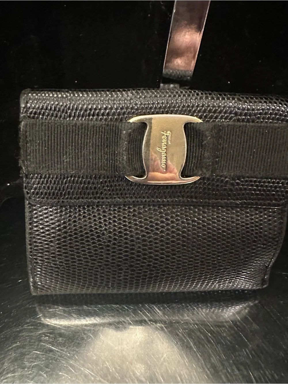 Salvatore Ferragamo #238 Black Vara Ribbon Leather Compact  Wallet